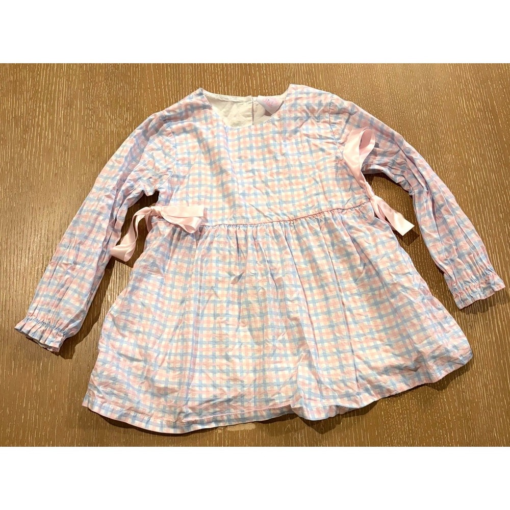 Stitchy Fish Girls Size 3T Pink Blue Plaid Long Sleeve Dress Bow Tie Waist